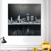 Black And White Acrylic City Paintings On Canvas Home Decor Minimalist Art Abstract Wall Painting Contemporary Art Unique Wall Art  | ENIGMATIC ROOFTOPS 40"x40"