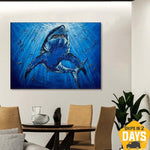 Large Blue Shark Oil Painting Original Art On Canvas Abstract Ocean Painting Original Modern Art Impasto Painting Animal Painting | OCEANIC MAJESTY 52"x68"