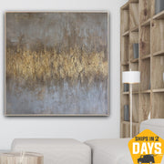 Large Abstract Gray And Gold Paintings On Canvas, Contemporary Gold Leaf Art, Textured Oil Painting Original Wall Decor for Home | HEAVENLY GOLD 50"x50"