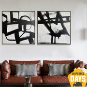 Abstract Black And White Set of 2 Paintings On Canvas, Custom Minimalist Artwork, Geometric Oil Painting for Living Room Decor | BLACK AND WHITE WORLD 2p 26"x52"