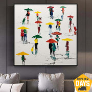 Original Colorful Abstract People with Umbrellas Paintings On Canvas Textured Oil Painting Handmade Artwork | UMBRELLAS 40"x40"