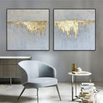 Large Abstract Gray Paintings On Canvas Original Set Of 2 RIch Textured Painting Modern Gold Leaf Art Contemporary Painting | GOLDEN WATERFALL
