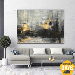Extra Large Abstract Black And White Paintings On Canvas Minimalist Art Original Gold Leaf Painting Modern Textured Wall Decor | SHADOWS OF THE PAST 36"x54"