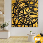 Large Black Circle Yellow Paintings On Canvas, Modern Contemporary Artwork, Textured Hand Painted Art | EXPLICITNESS 40"x40"