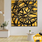 لوحات فنية كبيرة جدًا من القماش تجريدية باللون الأسود على شكل دائرة صفراء على القماش لوحة معاصرة مرسومة يدويًا لتزيين جدار الفن | EXPLICITNESS