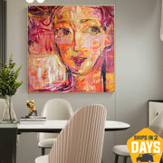 Large Abstract Figurative Paintings on Canvas Moden Woman Face Artwork Textured Handmade Painting Wall Decor | FEMALE WAY 50"x50"