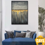 Large Abstract Grey Paintings On Canvas Gold Fine Art Minimalist Handmade Artwork Modern Rich Textured Painting | GOLD RAIN 40"x30"