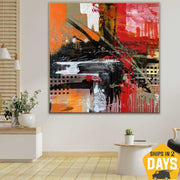 Abstract City Paintings on Canvas, Colorful Oil Painting In Orange, Red And Black Colors, Modern Painting Decor for Ofiice | CITY ILLUSION 32"x32"