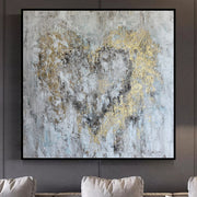 Abstract Heart Oil Painting Original Gray Wall Art With Gold Leaf Modern Artwork for Bedroom | GRAY HEART