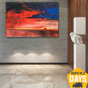 Large Colorful Oil Paintings On Canvas Modern Red And Blue Acrylic Painting Textured Wall Art | FIERY SUNSET 60"x90"
