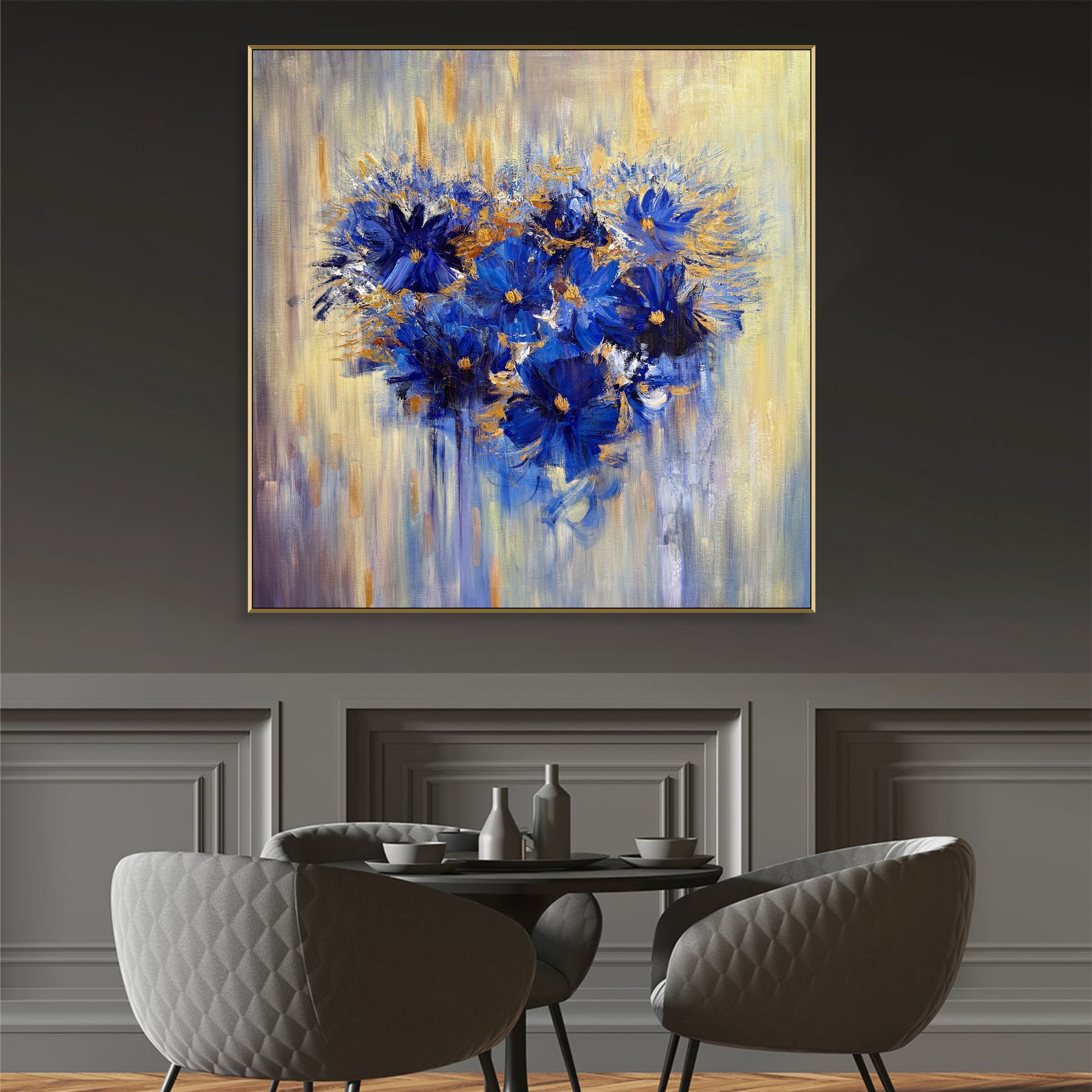 Dark Blue Wall Art Flower Heart Painting Golden Leaf Painting Realistic ...