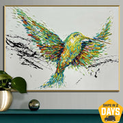 لوحات زيتية أصلية كبيرة على شكل طيور كوليبري لوحة فنية قماشية خضراء من الأكريليك لوحة زيتية تجريدية| SPRING HUMMINGBIRD 20"x28"
