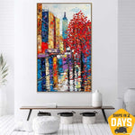 Abstract City Painting Original Oil Paintings Wall Art On Canvas Cityscape Colorful Bright And Rainy Fall Art Texture Painting | METROPOLITAN MOSAIC 48"x30"