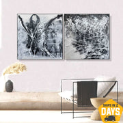 Original Abstract Grey Set of 2 Paintings On Canvas, Black and White Wall Art Modern Monochrome Paintings Custom Wall Decor | EXPLOSIVE CATACLYSM 2P 26"x52"
