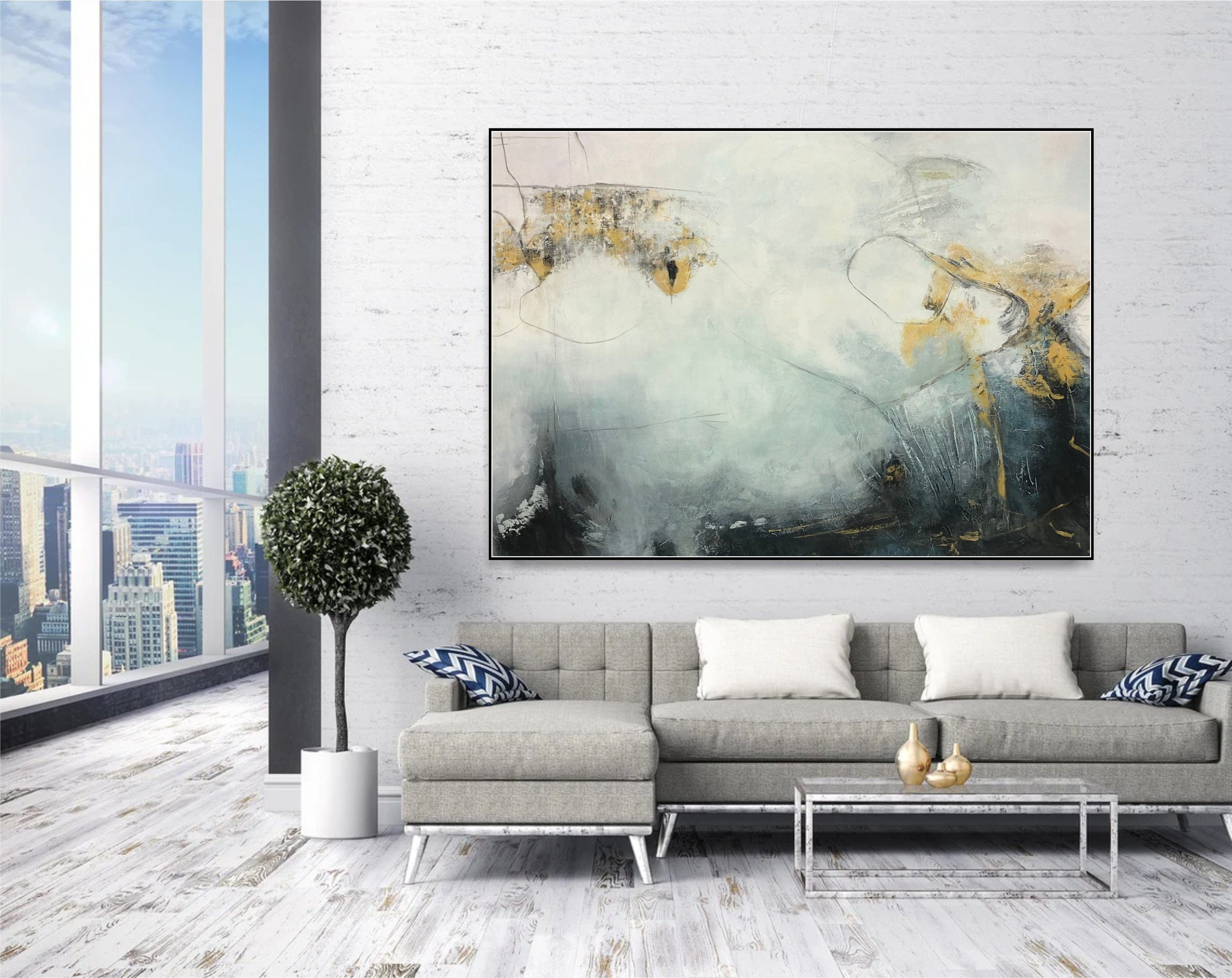 Large Abstract Blue And Gold Contemporary Paintings On Canvas Original Oil Painting Modern Rich Textured Gold Wall Art | SOMEWHERE IN THE HEAVEN 53"x80" - Trend Gallery Art | Original Abstract Paintings