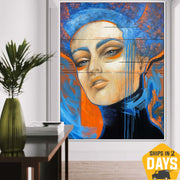 Painting of women Colorful abstract custom portrait Framed art Original modern paintings Canvas wall art abstract blue and beige | FLAME WOMEN 57x43"