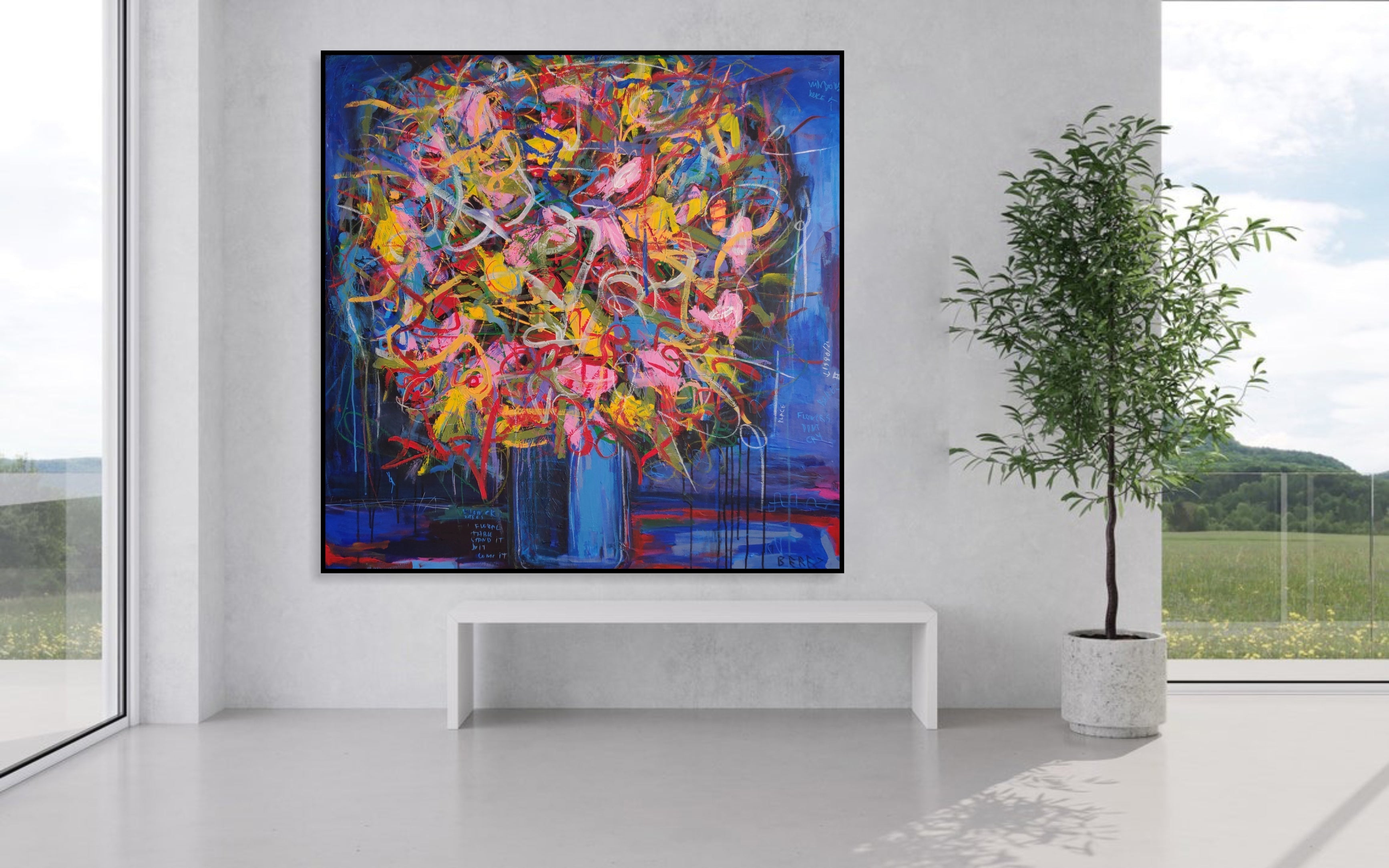 Exclusive Bouquet Of Flowers Original Handmade Paining Colorful Wall Art Frame Modern Abstract Painting Neo-Expressionism Contemporary Art | SHAPPIRE BOUQUET 46"x46" - Trend Gallery Art | Original Abstract Paintings