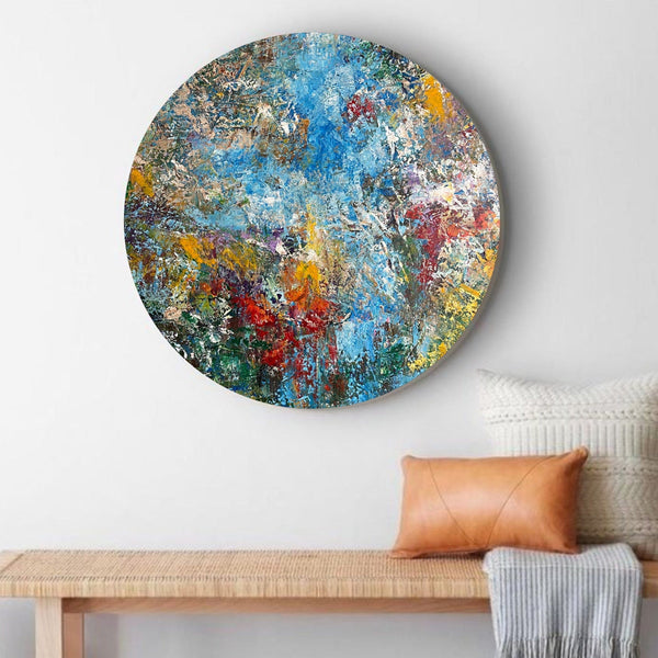 Kala Manzil - Acrylic on round canvas, 25 cm in diameter ! Some more  carefree, expressive brush strokes . I love to paint on round, oval,  triangular canvases, anything other than the