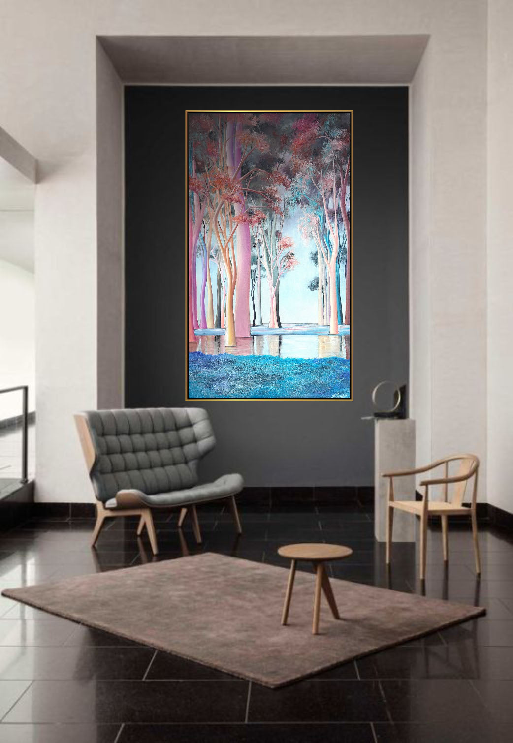 Abstract Fantasy Forest Painting Pastel Colors Water Reflection Ethereal Trees Art Enchanted Wall Art Modern Acrylic Luxury Art | MYSTIC FOREST 51"x31.5" - Trend Gallery Art | Original Abstract Paintings