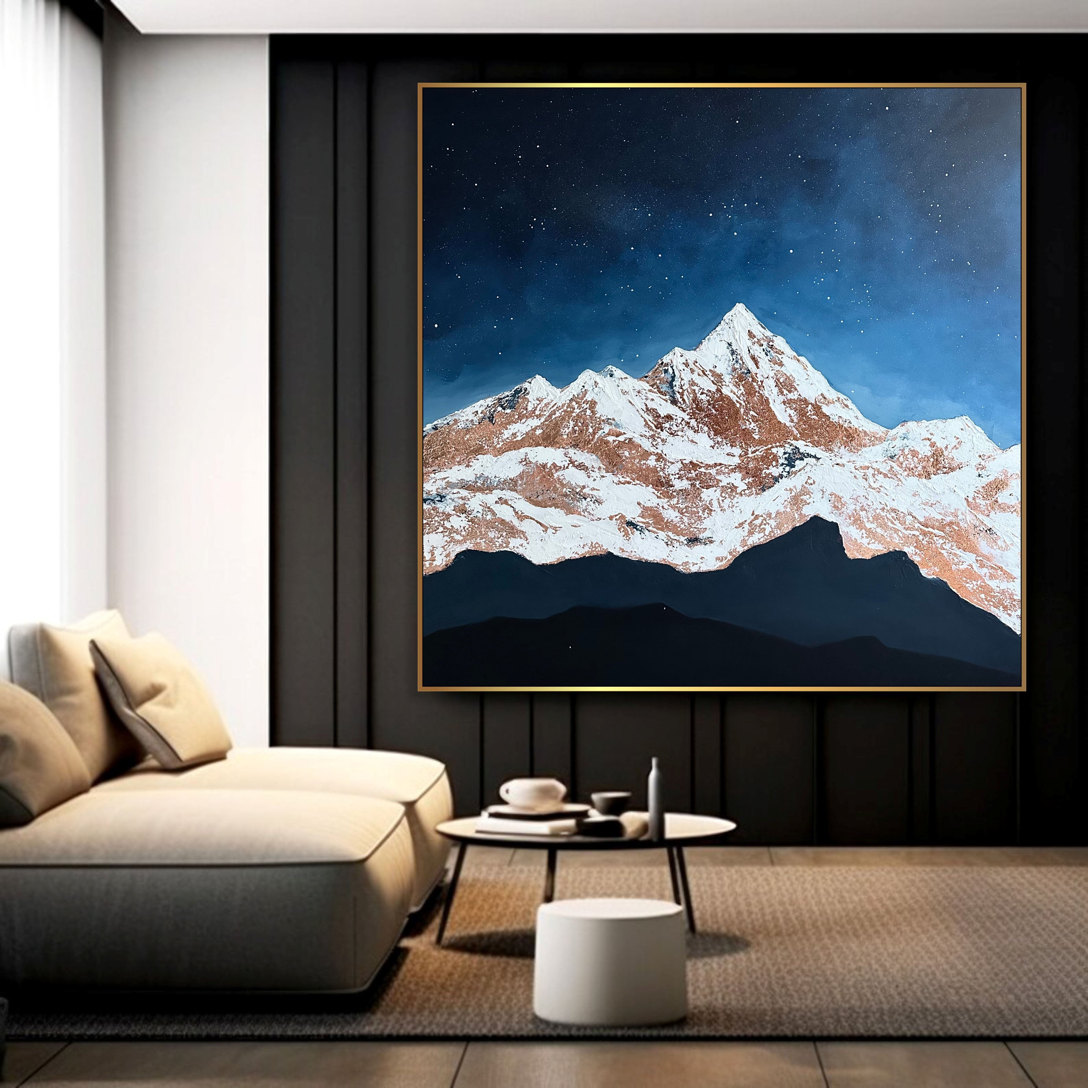 Abstract Landscape Paintings Mountains In Snow Paintings On Canvas Night Sky Wall Art Blue And White Palette Contemporary Art | STELLAR SUMMIT 47”x47" - Trend Gallery Art | Original Abstract Paintings