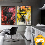 Large Abstract Set of 2 Figurative Paintings On Canvas Abstract Women's Portraits Wall Art Diptych Painting Colorful Human Art | LOUD AND SILENT 2p 39.7"x63.7"