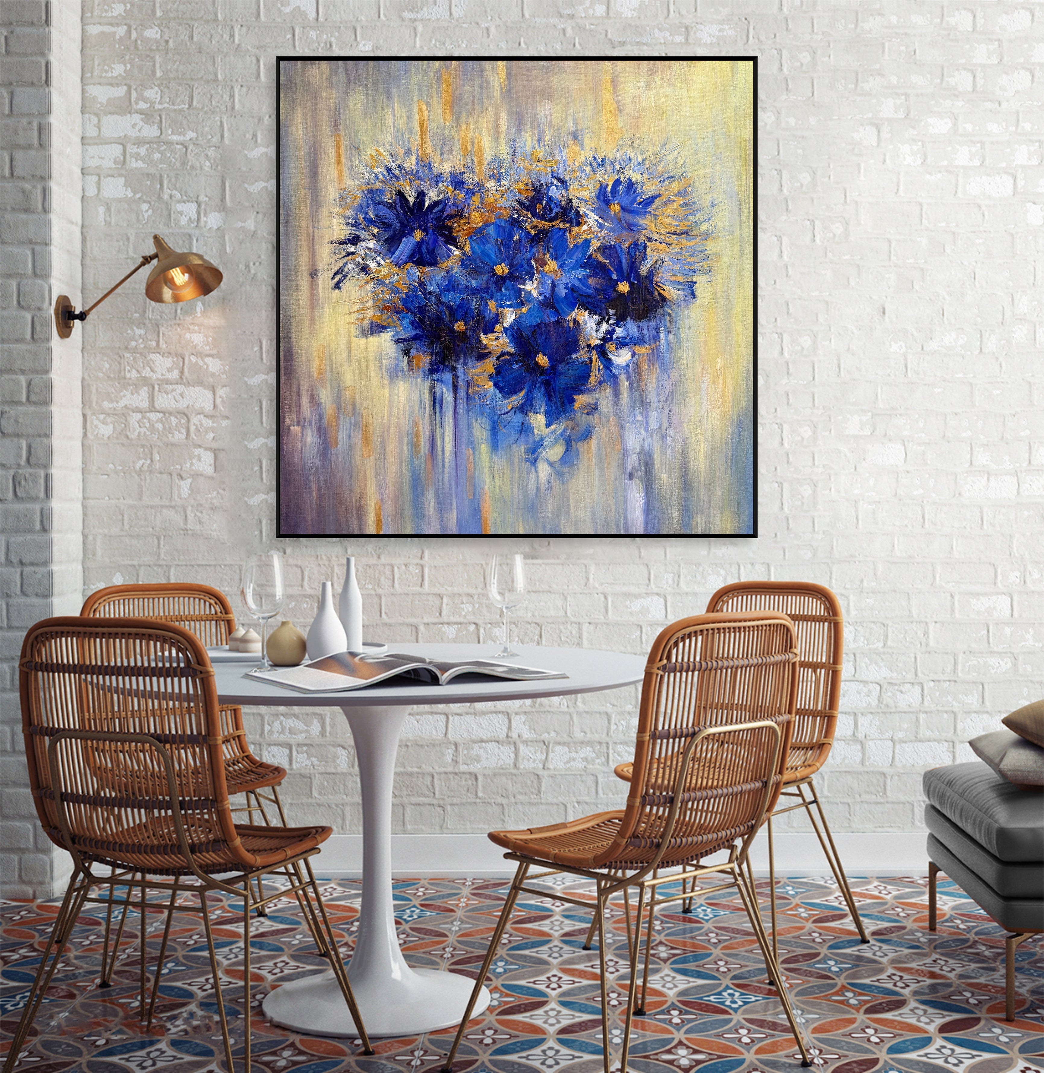 Dark Blue Wall Art Flower Heart Painting Golden Leaf Painting Realistic ...