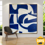 Large Abstract Lines Paintings On Canvas Blue And White Artwork Minimalism Acrylic Wall Art Handmade Painting  Room Decor | GEOMETRIC WAVES 32"x32"
