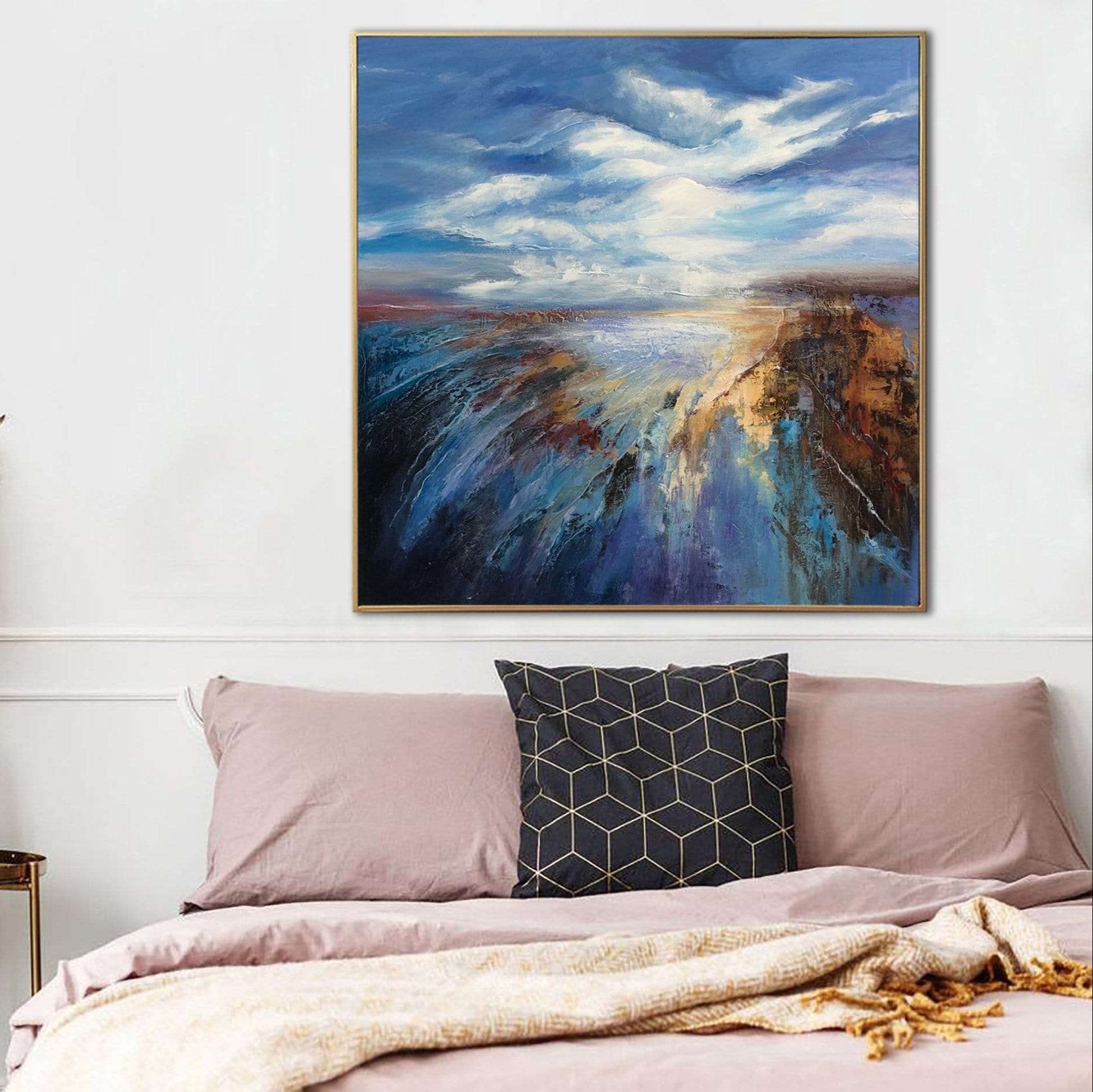 Abstract Seascape Painting Blue Clouds Canvas Art Aesthetic Painting 40x40 Expressionist Art Modern Coastal Blue Artwork Ocean Painting | LAND BREEZE - Trend Gallery Art | Original Abstract Paintings