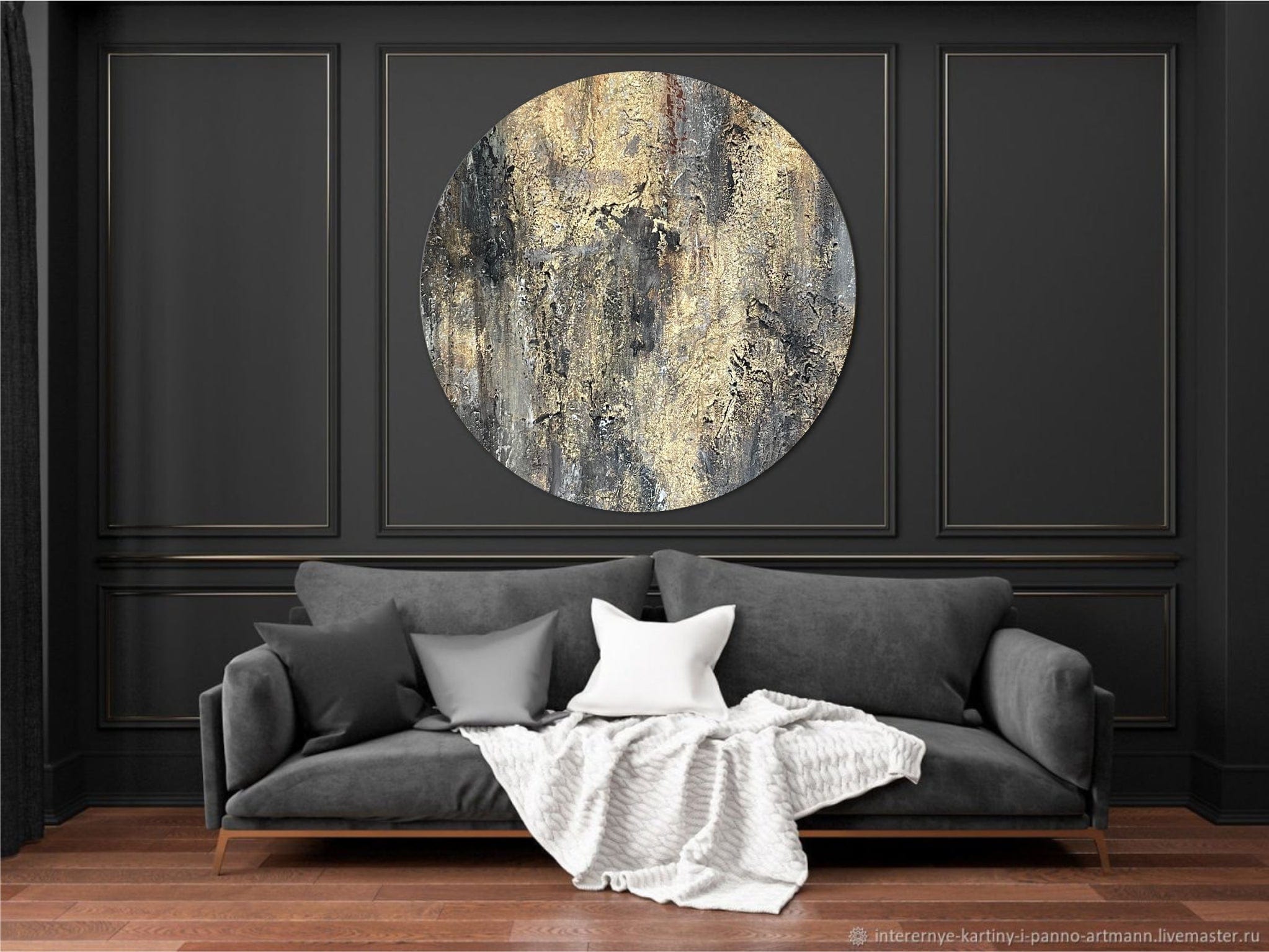 Large Original Oil Painting Circle Painting Black Canvas Abstract Gold