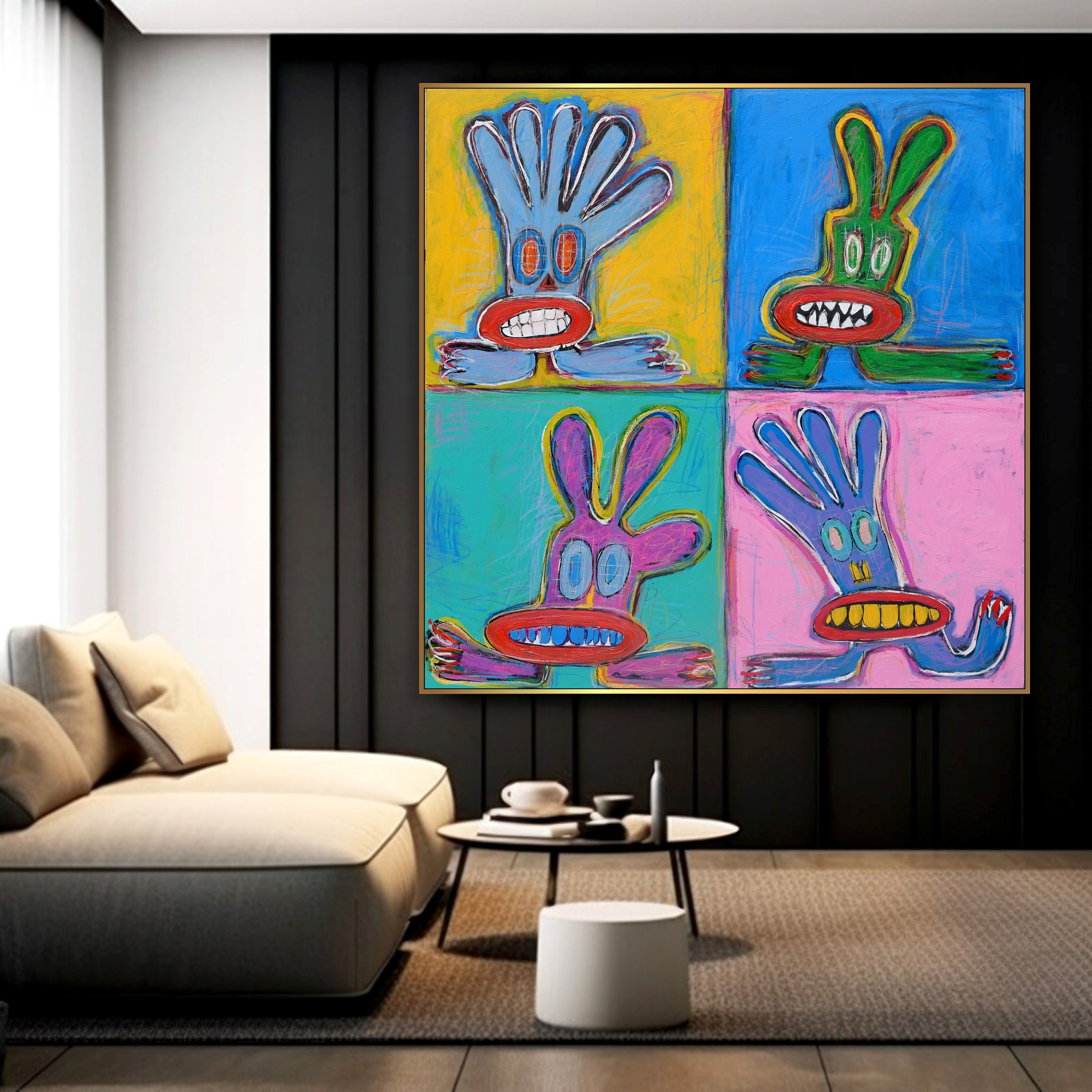 Abstract Colorful Expressionism Painting On Canvas Acrylic Pop Art in Blue, Red and Yellow Colors Neo-Expressionism Painting Anthropomorphic Characters Wall Art | WILD RABBITS 46"x46" - Trend Gallery Art | Original Abstract Paintings