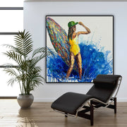 Abstract Surfer Girl Painting Surfer's Paradise Blue And White Art Bright Surfnoard Texture Wall Art Unique Painting Home Decor Wall Art | SURFER'S PARADISE