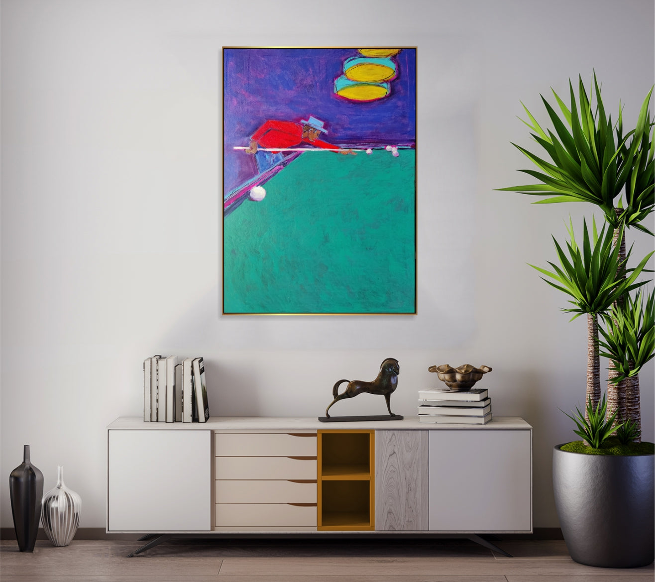 Abstract Figurative Billiards Player Painting On Canvas Vibrant Contemporary Sports Neo-Expressionism Art Original Handmade Painting for Wall Decor | THE POOL PLAYER 39.4"x27.5" - Trend Gallery Art | Original Abstract Paintings