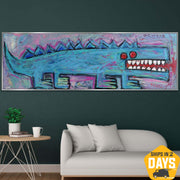 Abstract Blue Crocodile Paintings On Canvas Acrylic Expressionist Painting Street Graffiti Style Art Textured Neo-Expressionism Oil Painting for Home | BLUE CROCODILE 19.7"x59" - Trend Gallery Art | Original Abstract Paintings