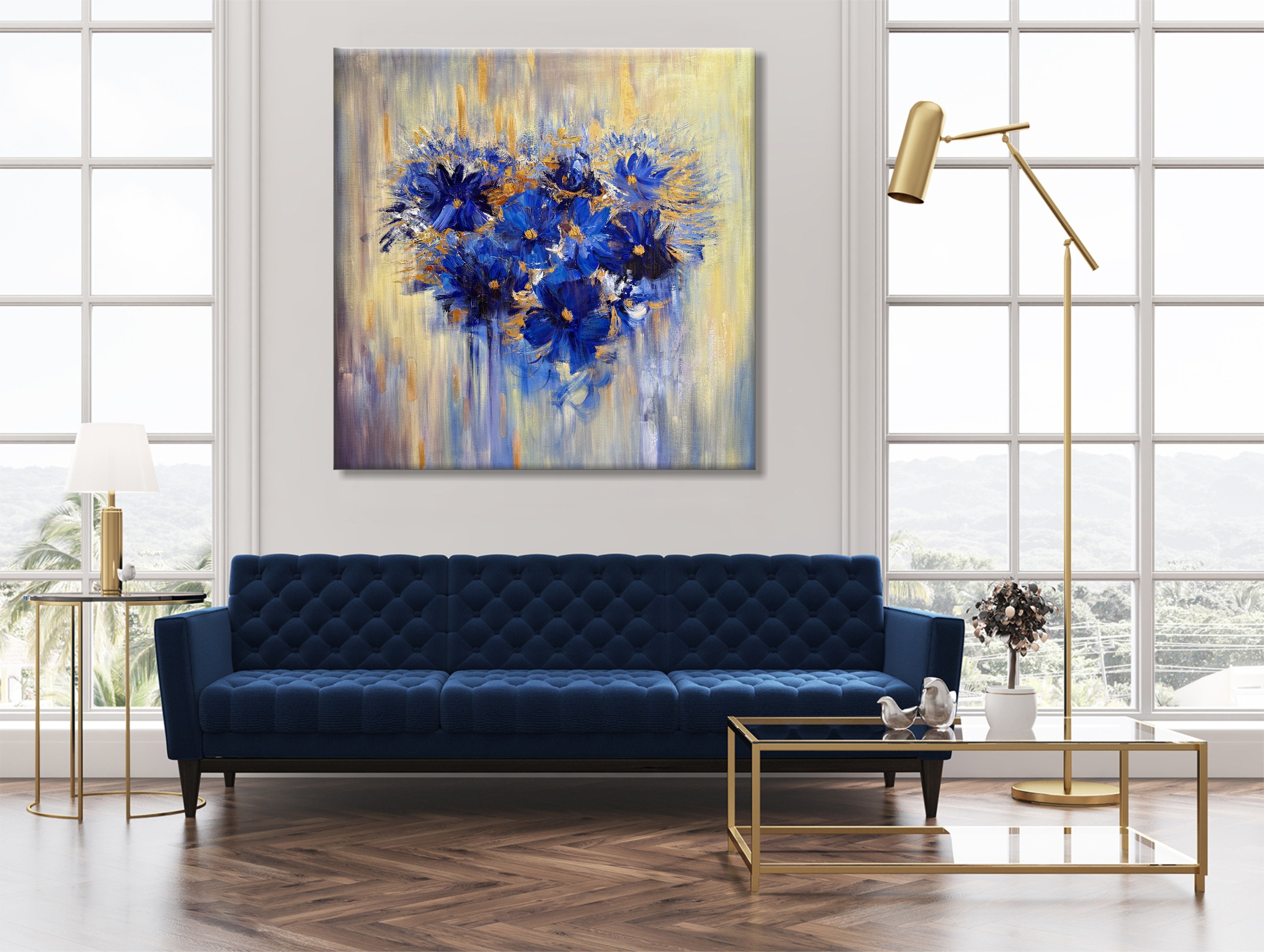 Dark Blue Wall Art Flower Heart Painting Golden Leaf Painting Realistic ...