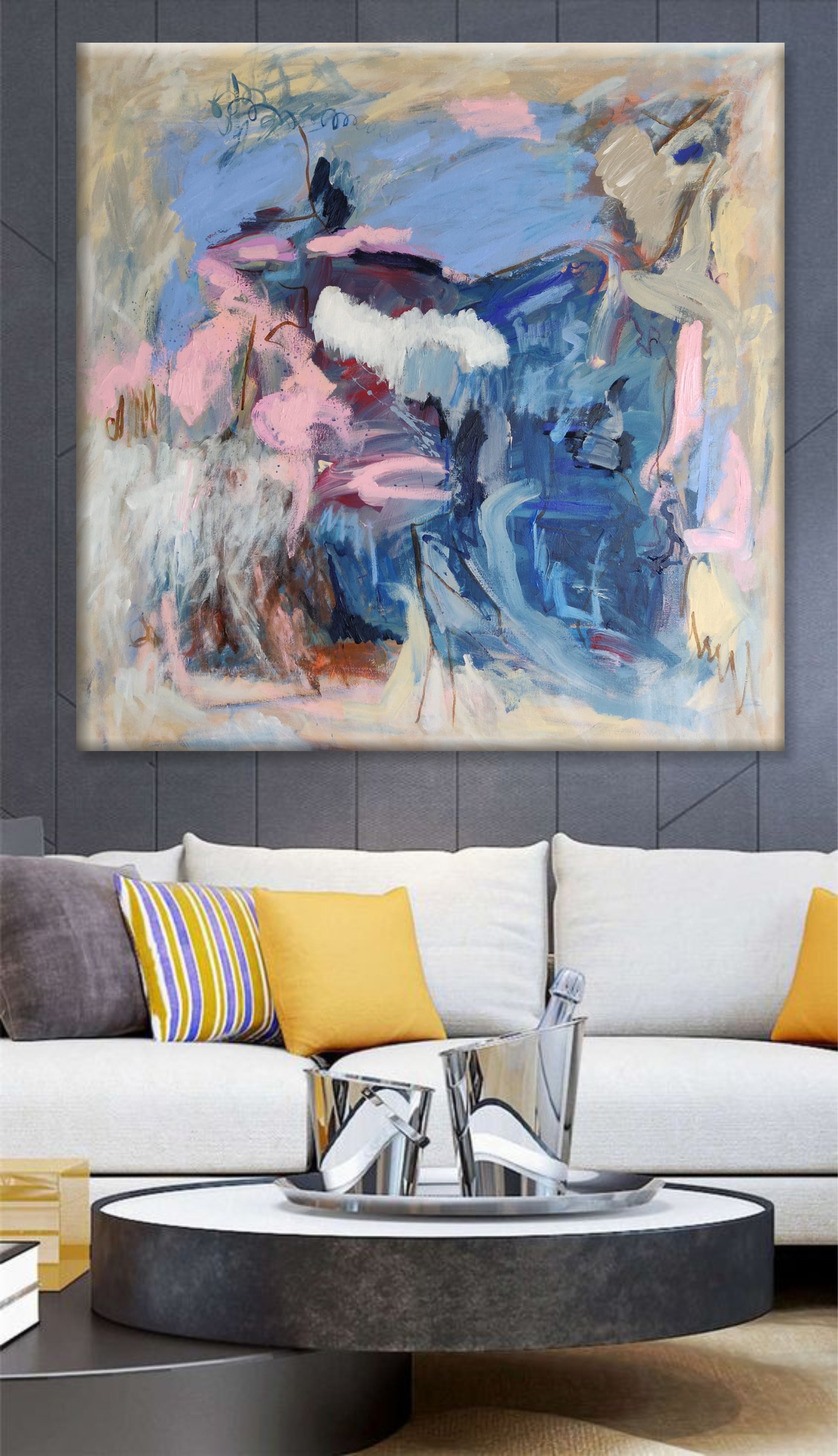 Huge Blue Paintings On Canvas Abstract Wall Art Original Neo-Expressionism Artwork Beige Painting Modern Paintings Acrylic Wall Decor | INDEPENDENCE 42.12"x42.12" - Trend Gallery Art | Original Abstract Paintings