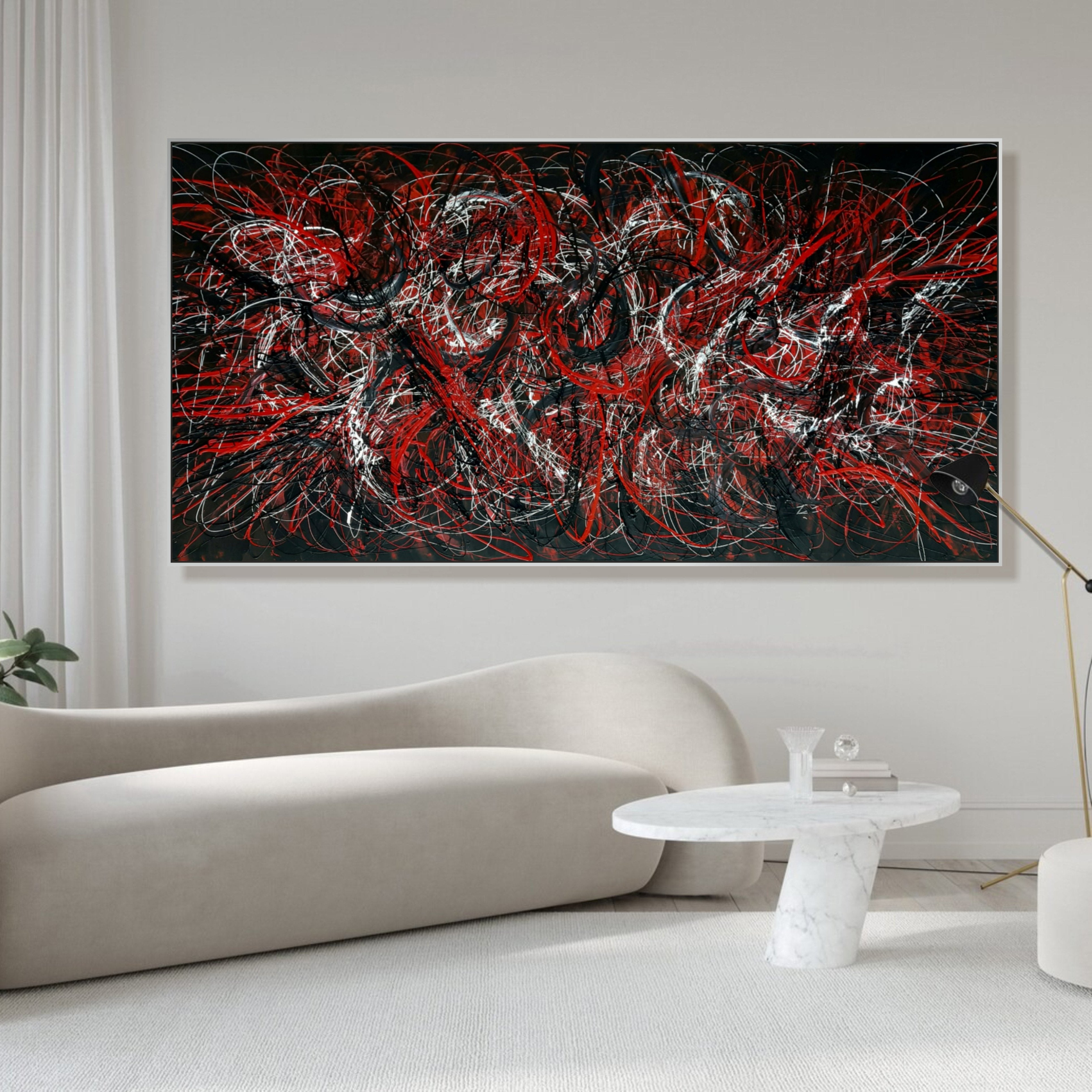 Large Oil Painting Original Canvas Black And Red Art Pollock Style Fine Art Painting Minimalist Abstract Painting Frame Art Texture Art | NOCTURNAL BLAZE - Trend Gallery Art | Original Abstract Paintings