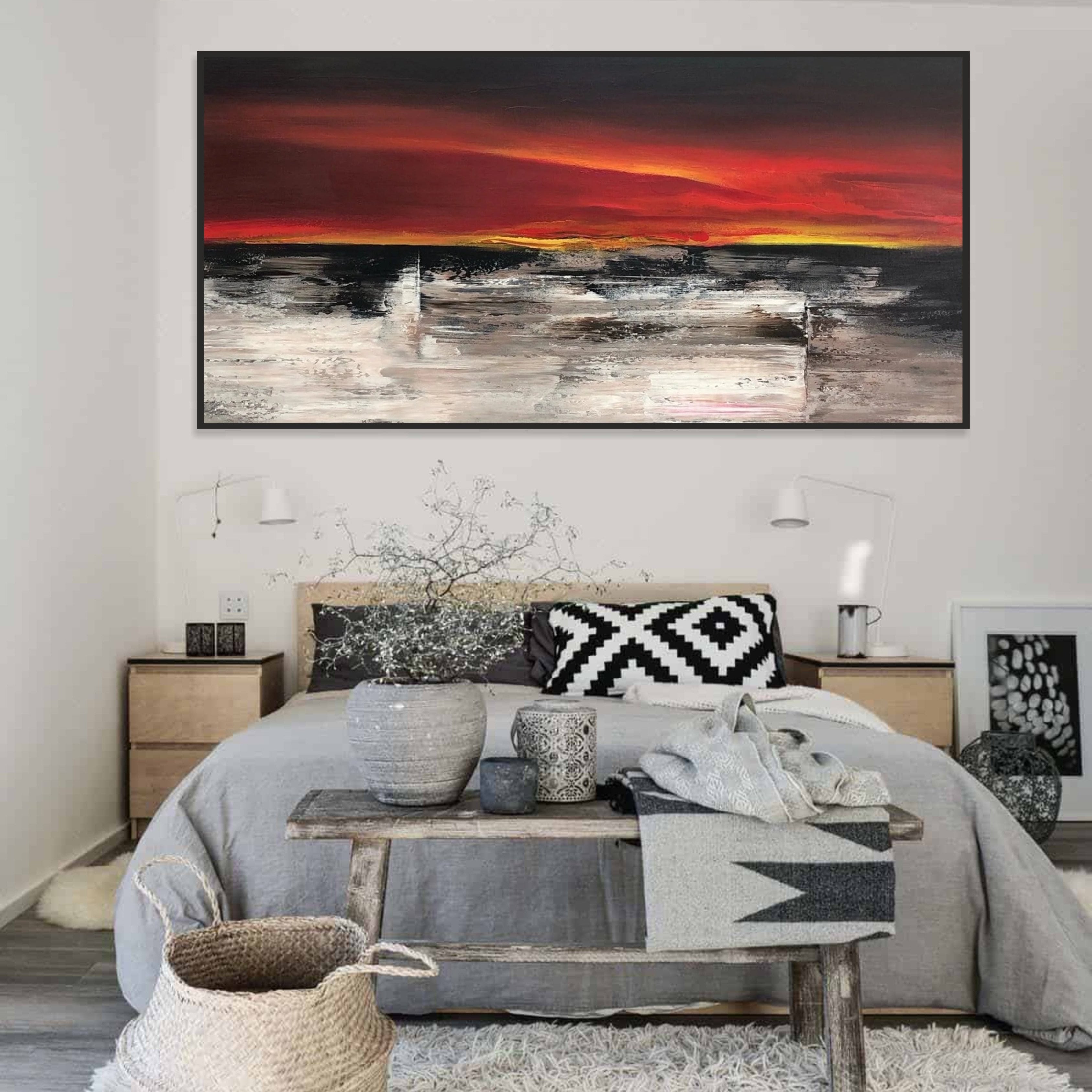 Abstract Landscape Painting Canvas Colorful Wall Art Red Artwork Personalized Painting 40x60 Art Sunset Painting above Bed Decor | SUNSET ABOVE FIELD - Trend Gallery Art | Original Abstract Paintings