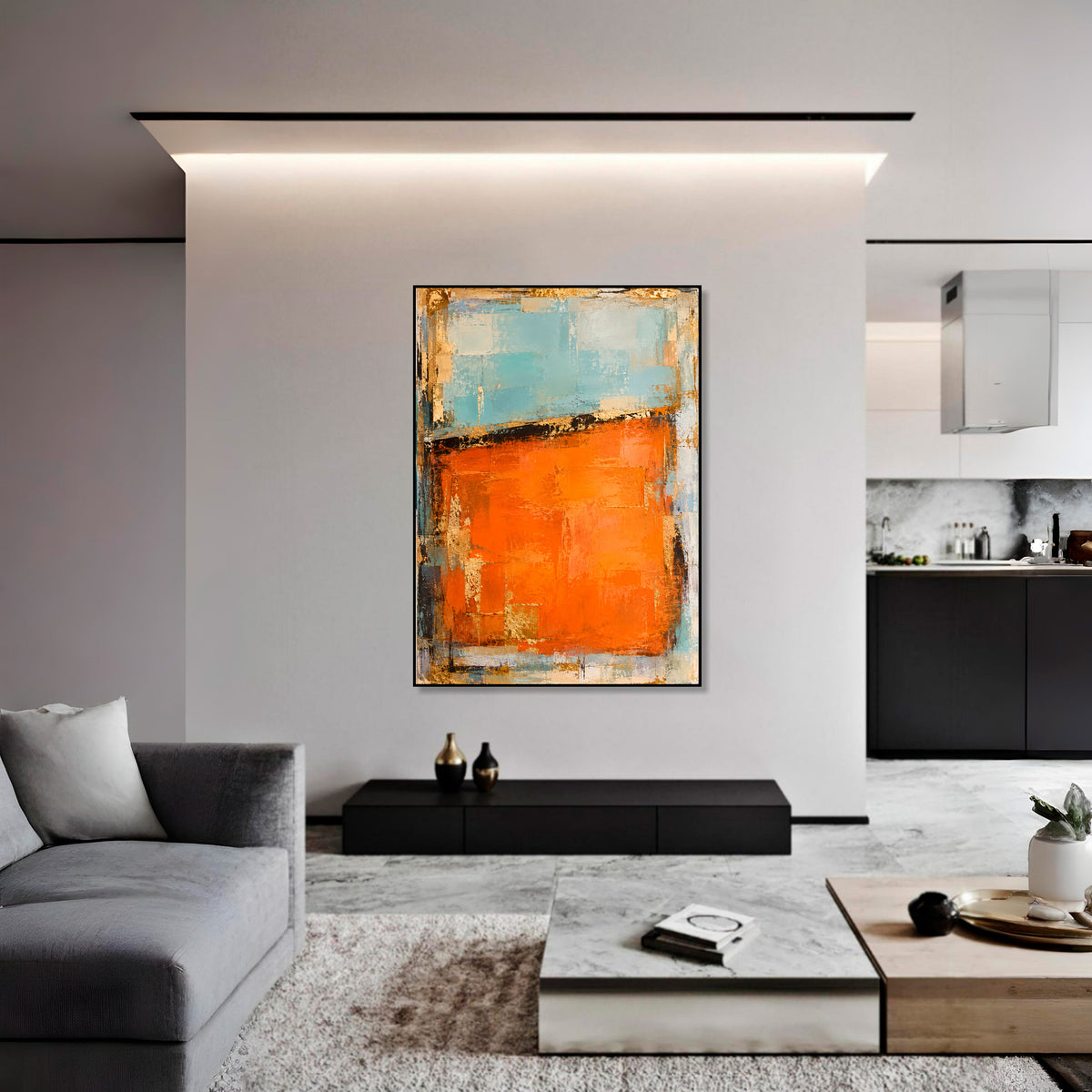 URBAN AUTUMN – Orange Gold Aqua Blue Textured Abstract Painting, Hand-Painted Original