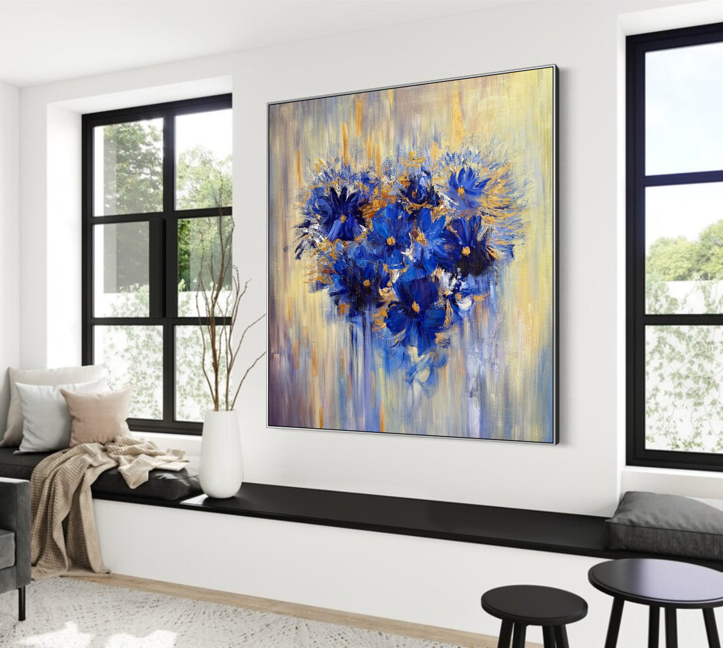 Dark Blue Wall Art Flower Heart Painting Golden Leaf Painting Realistic ...