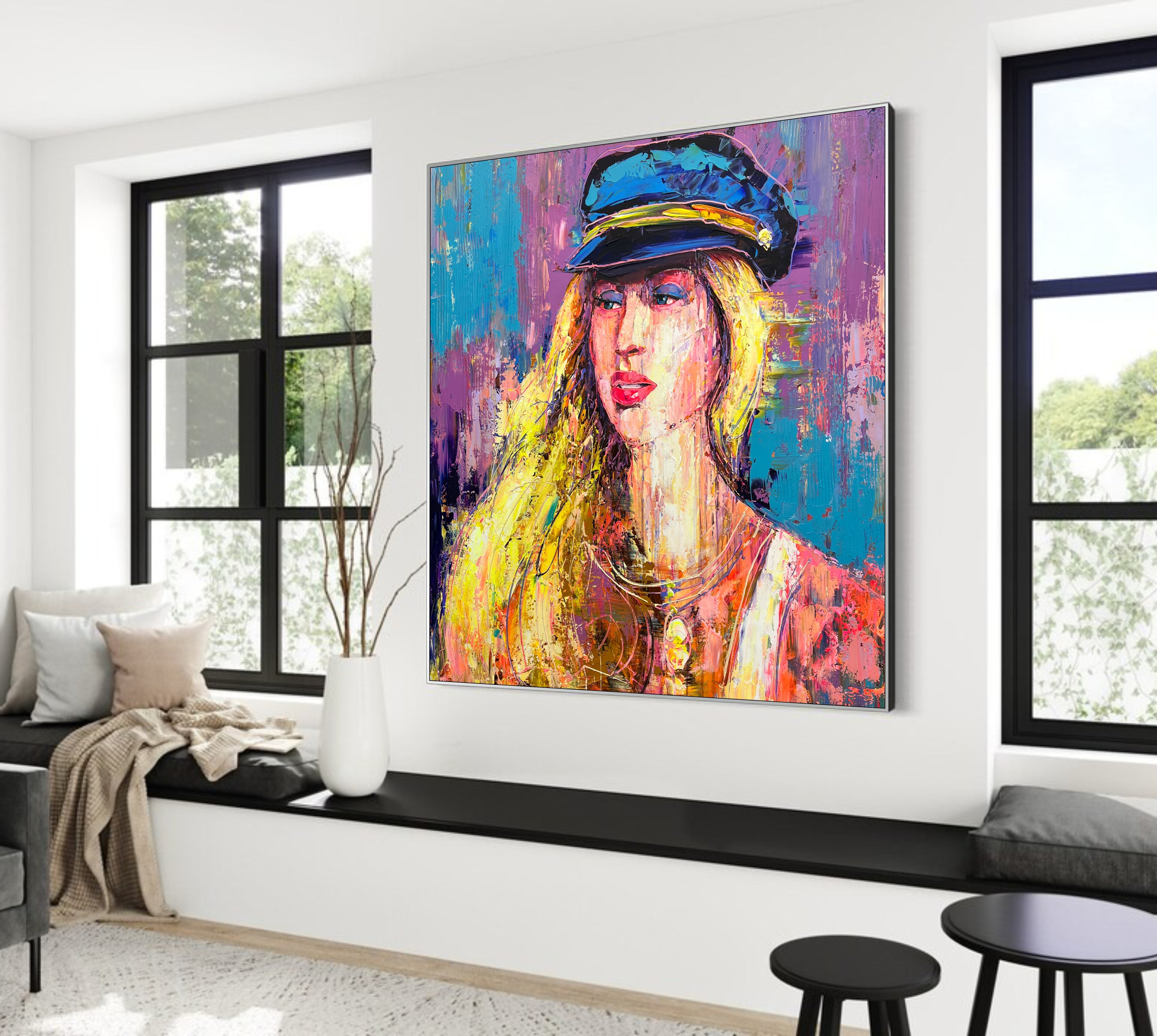 Figurative Art Painting Women In Cap Face Painting Canvas Modern Paint