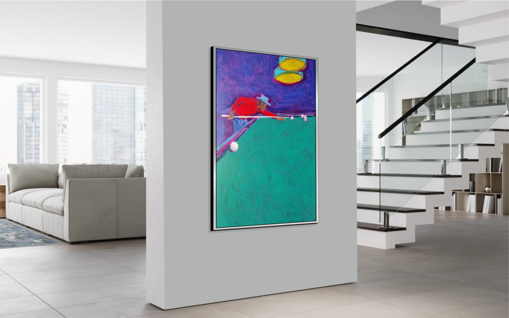 Abstract Figurative Billiards Player Painting On Canvas Vibrant Contemporary Sports Neo-Expressionism Art Original Handmade Painting for Wall Decor | THE POOL PLAYER 39.4"x27.5" - Trend Gallery Art | Original Abstract Paintings