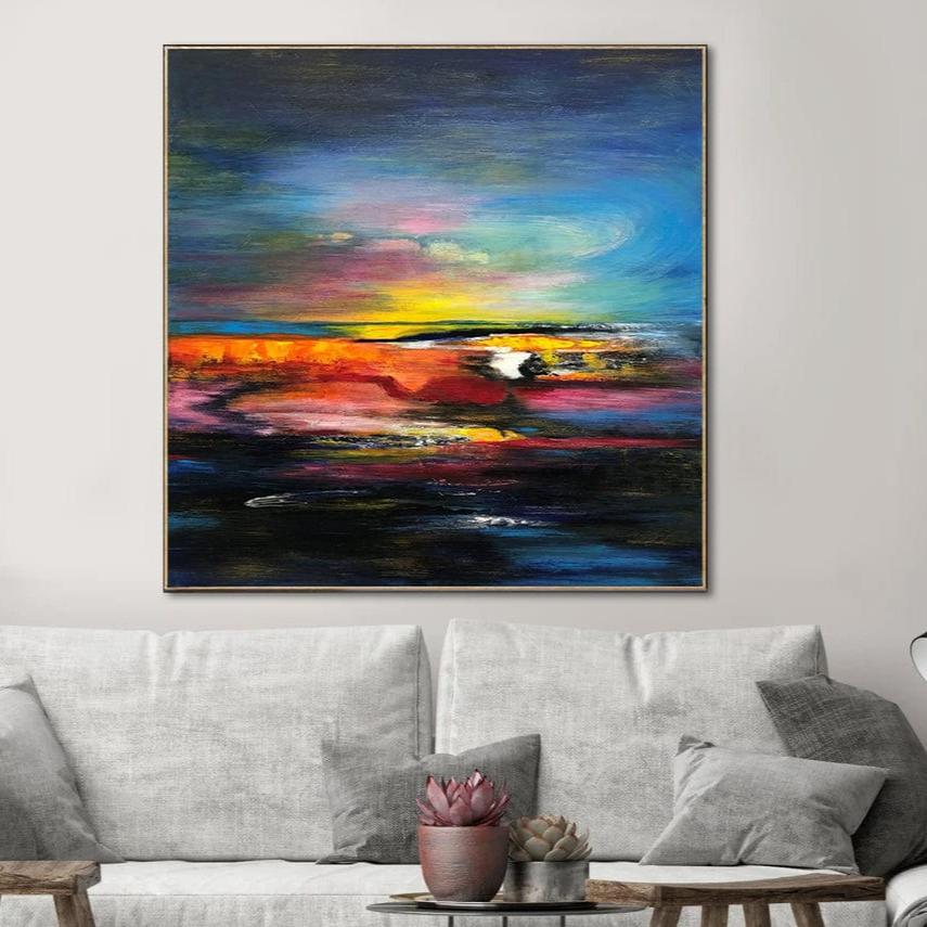 Colorful Abstract Sunset Painting in Deep Blue, Yellow and Red | COLORFUL SUNSET - Trend Gallery Art | Original Abstract Paintings