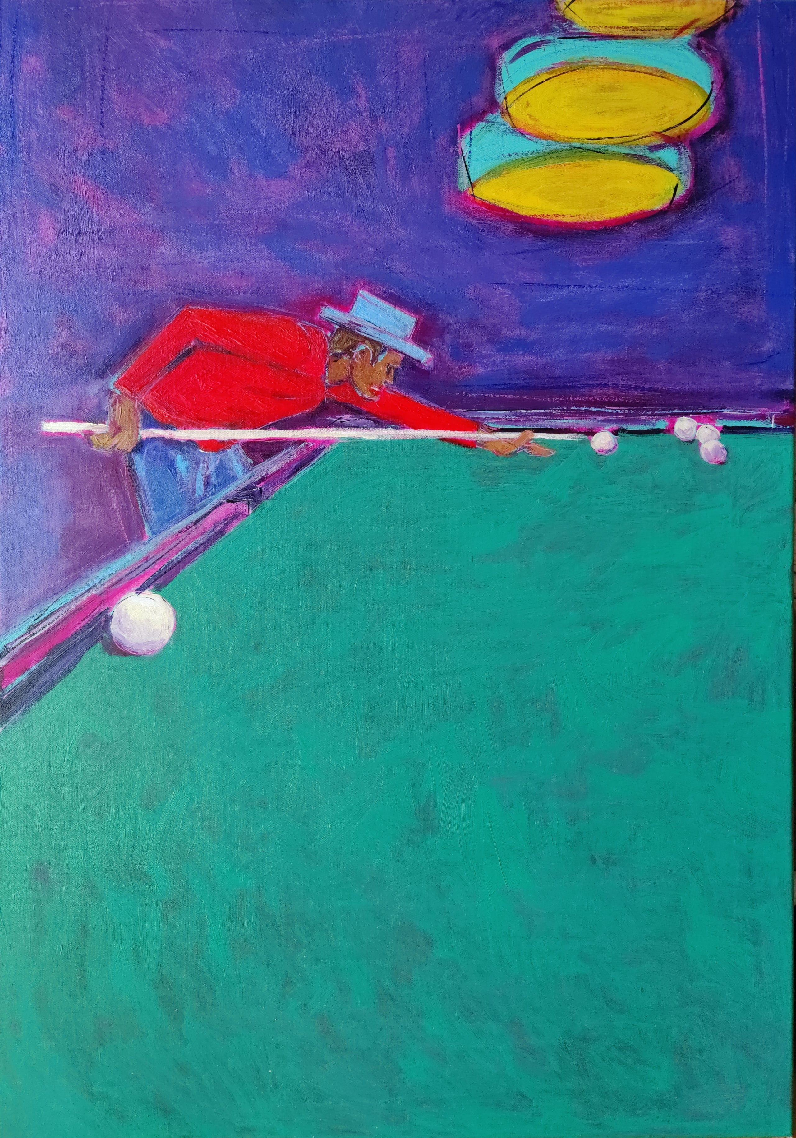 Abstract Figurative Billiards Player Painting On Canvas Vibrant Contemporary Sports Neo-Expressionism Art Original Handmade Painting for Wall Decor | THE POOL PLAYER 39.4"x27.5" - Trend Gallery Art | Original Abstract Paintings