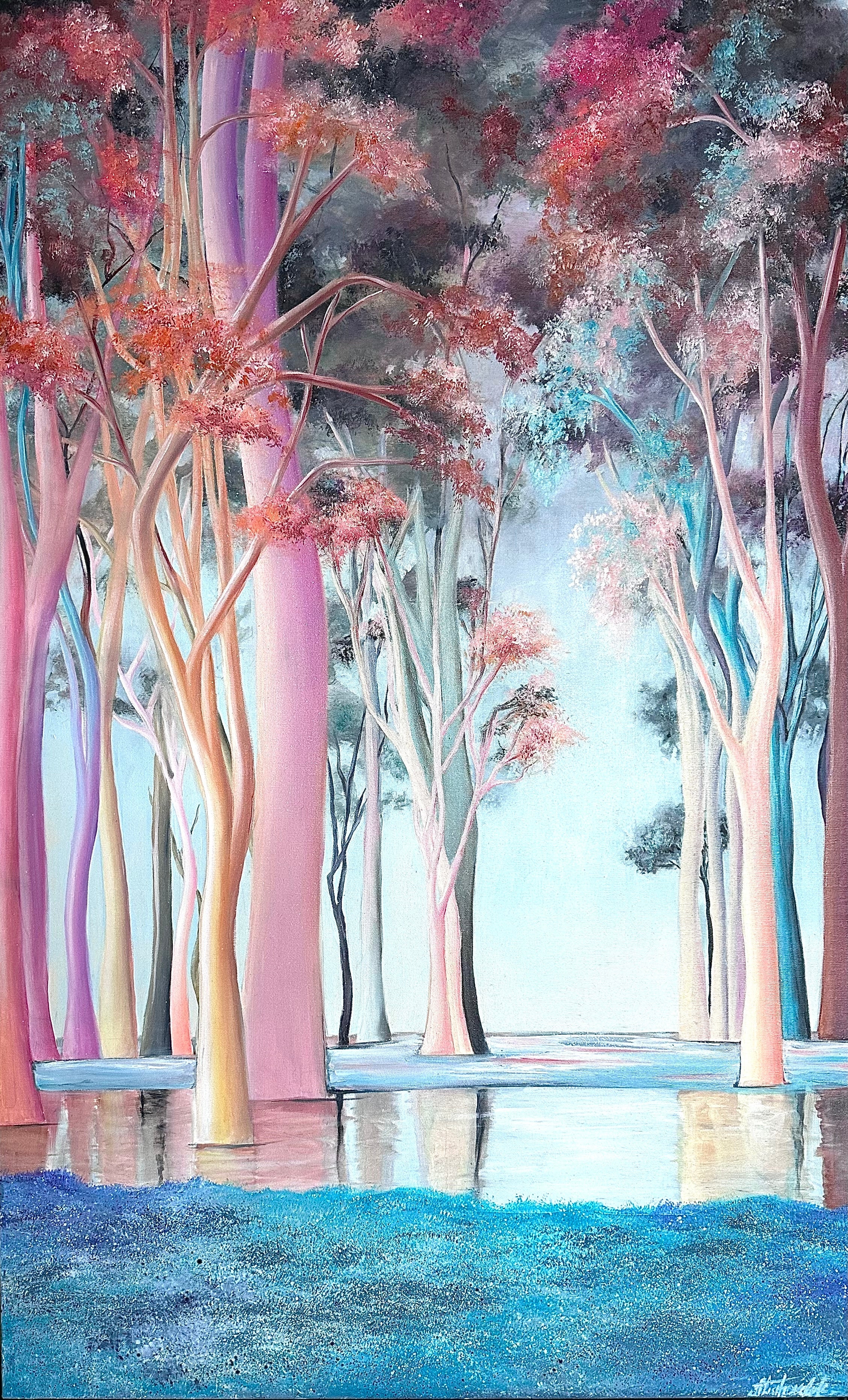 Abstract Fantasy Forest Painting Pastel Colors Water Reflection Ethereal Trees Art Enchanted Wall Art Modern Acrylic Luxury Art | MYSTIC FOREST 51"x31.5" - Trend Gallery Art | Original Abstract Paintings