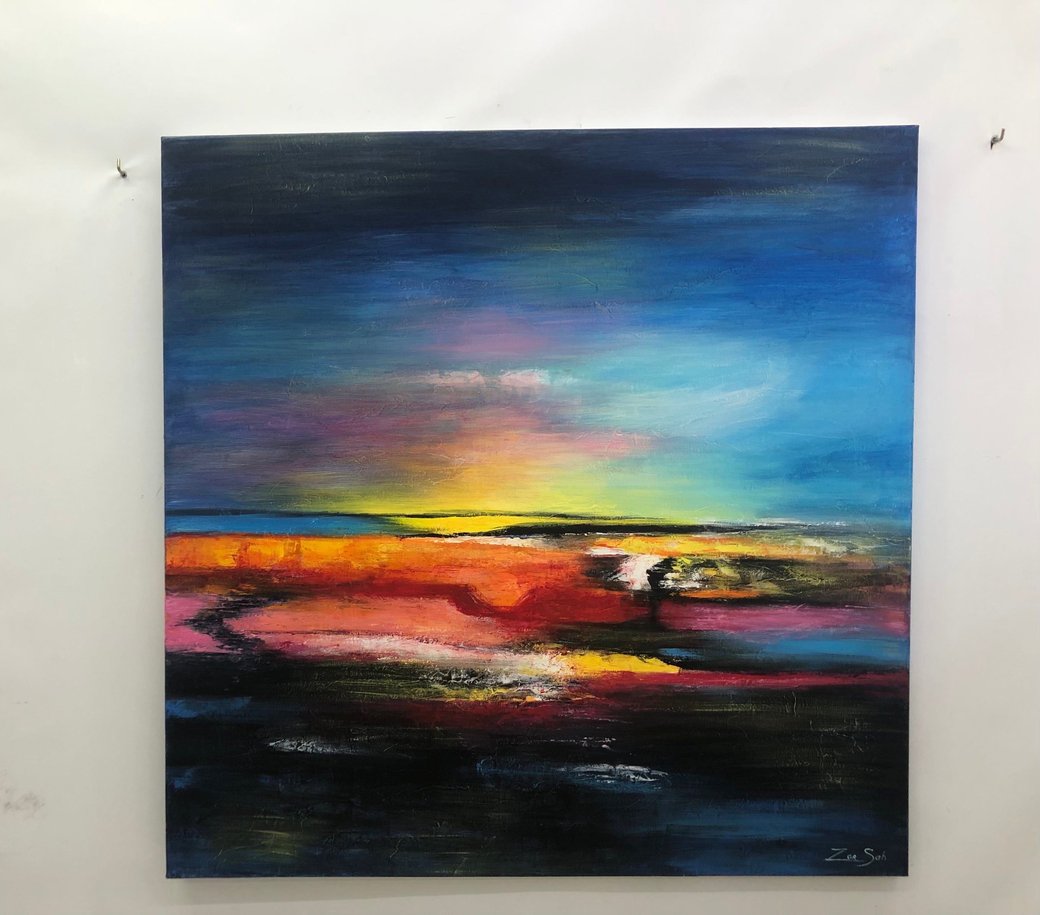 Original Colorful Abstract Sunset Paintings on Canvas Modern Heavy Textured Fine Art Contemporary Oil Painting | COLORFUL SUNSET 60"x60" - Trend Gallery Art | Original Abstract Paintings