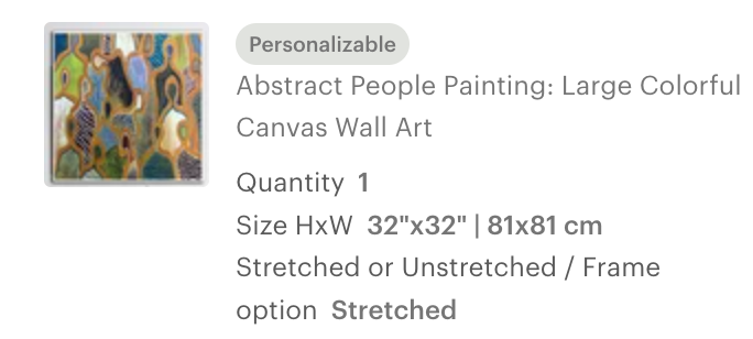 Invoice for stretched painting in size 32"x32" for Gale Alexander