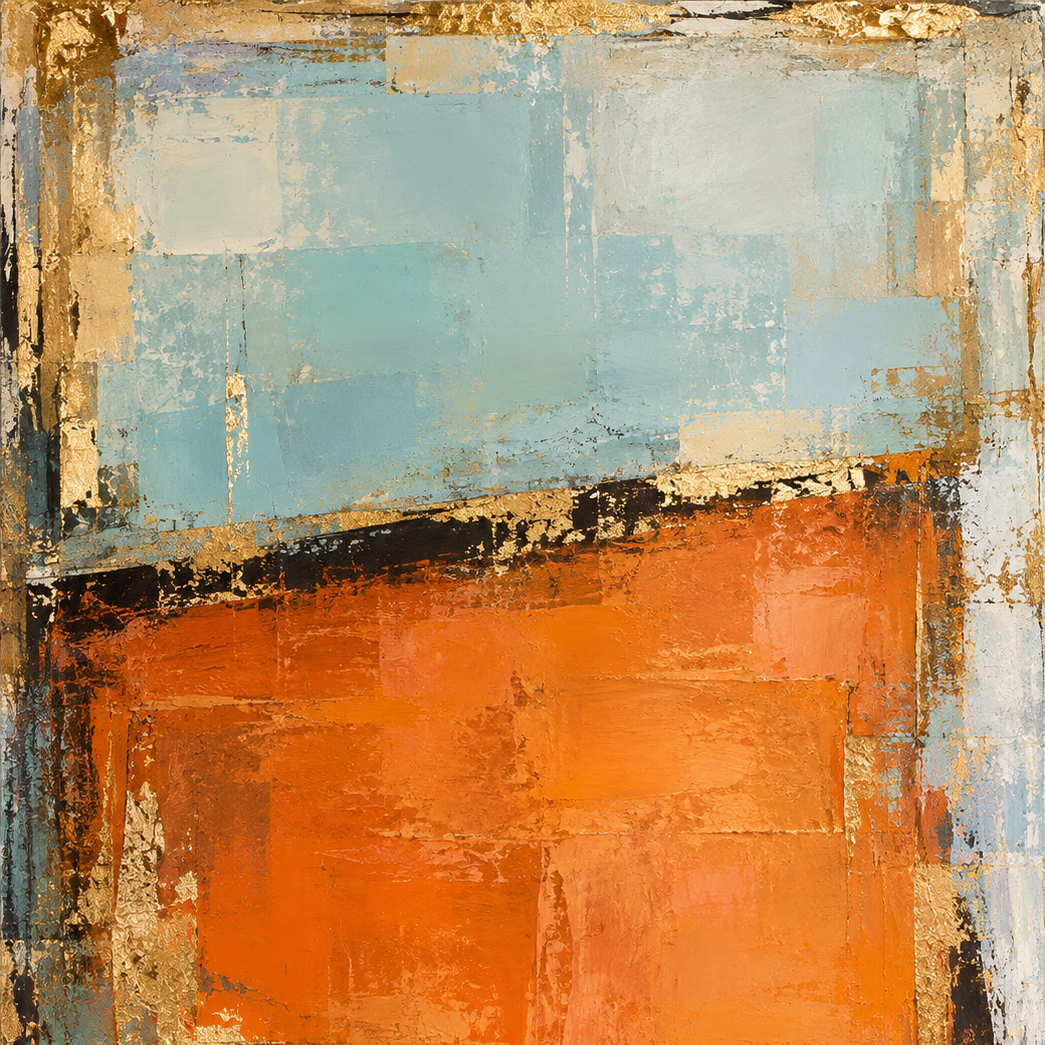 URBAN AUTUMN – Orange Gold Aqua Blue Textured Abstract Painting, Hand-Painted Original