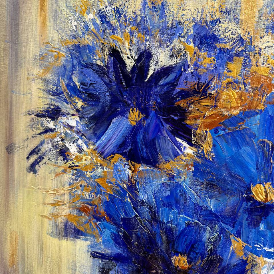 Dark Blue Wall Art Flower Heart Painting Golden Leaf Painting Realistic ...