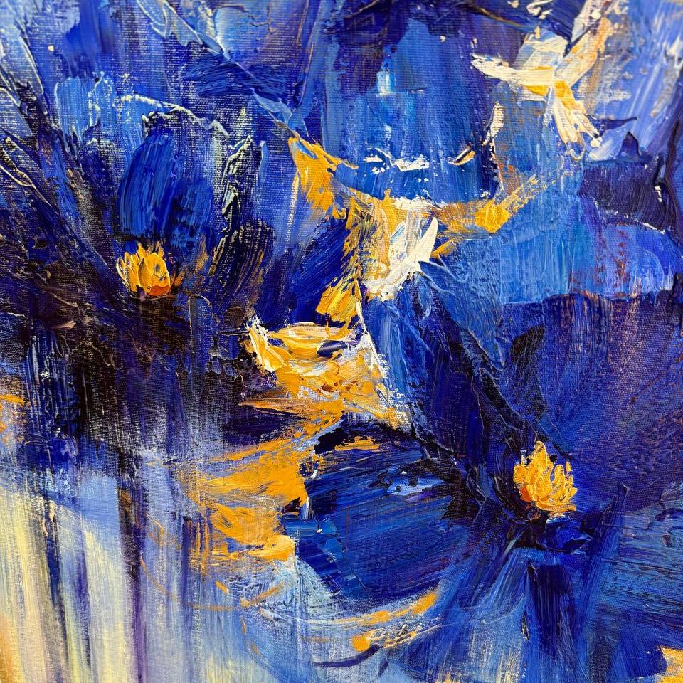 Dark Blue Wall Art Flower Heart Painting Golden Leaf Painting Realistic ...