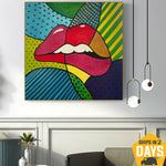 Abstract Colorful Lips Painting On Canvas Original Female Lips Wall Art for Home Decor | SEDUCTIVE LIPS 26"x26"